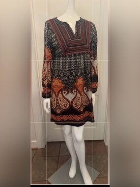 Angie Black and Orange Paisley Long-Sleeve Mini Dress-Small